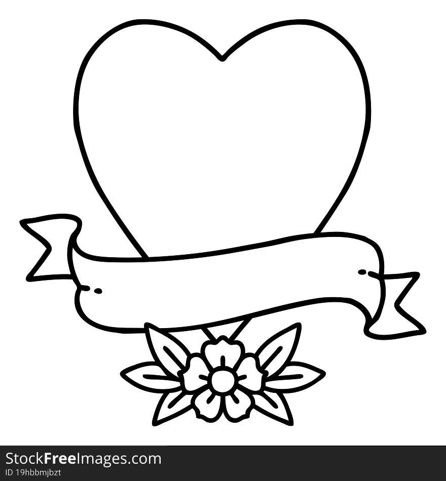 tattoo in black line style of a heart and banner. tattoo in black line style of a heart and banner