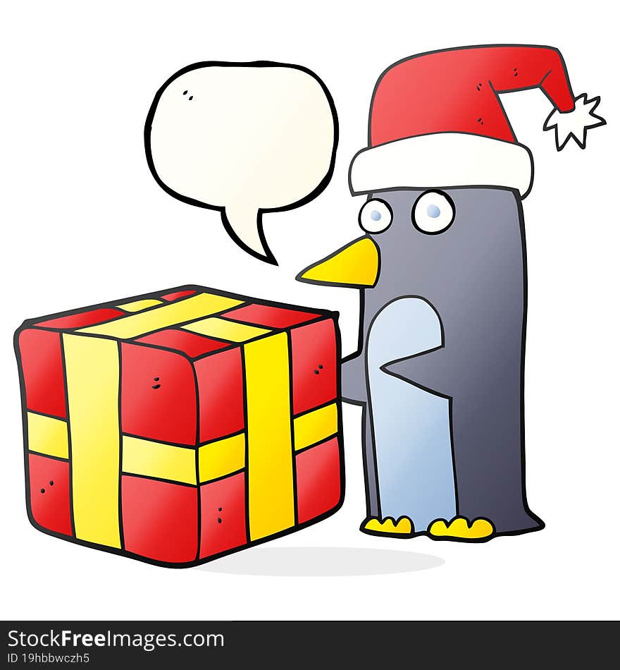 speech bubble cartoon christmas penguin with present