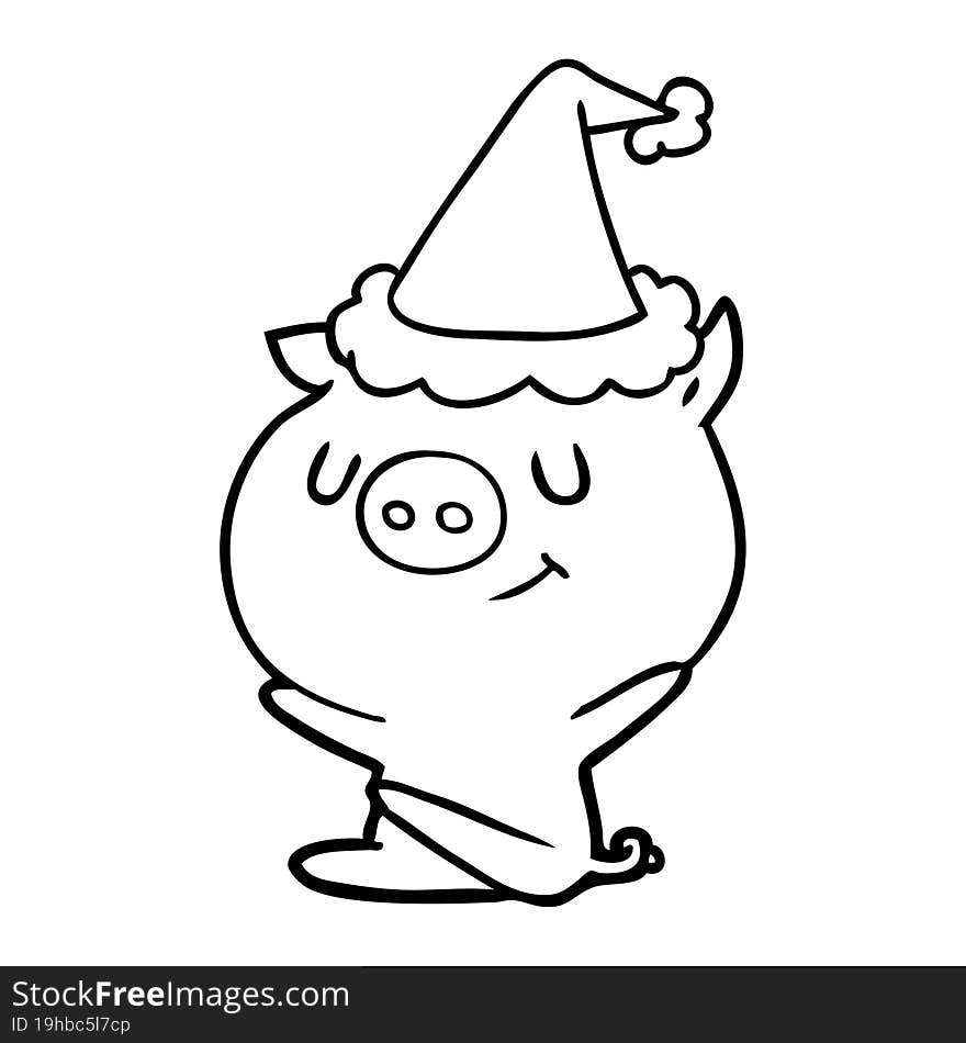 Happy Line Drawing Of A Pig Wearing Santa Hat