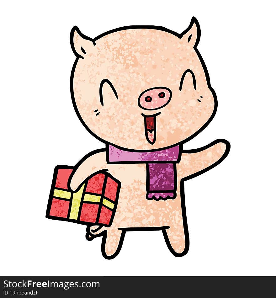 happy cartoon pig with xmas present. happy cartoon pig with xmas present