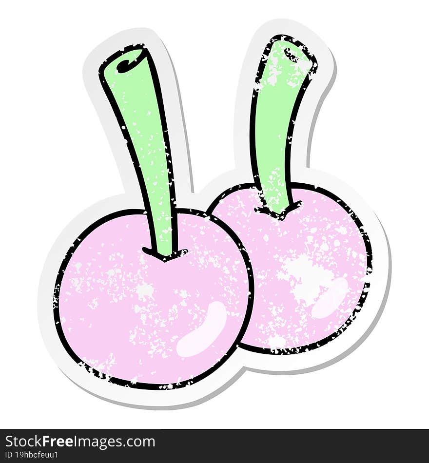 distressed sticker of a quirky hand drawn cartoon cherries