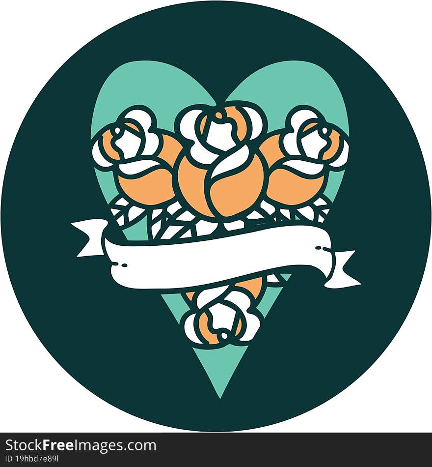 Tattoo Style Icon Of A Heart And Banner With Flowers