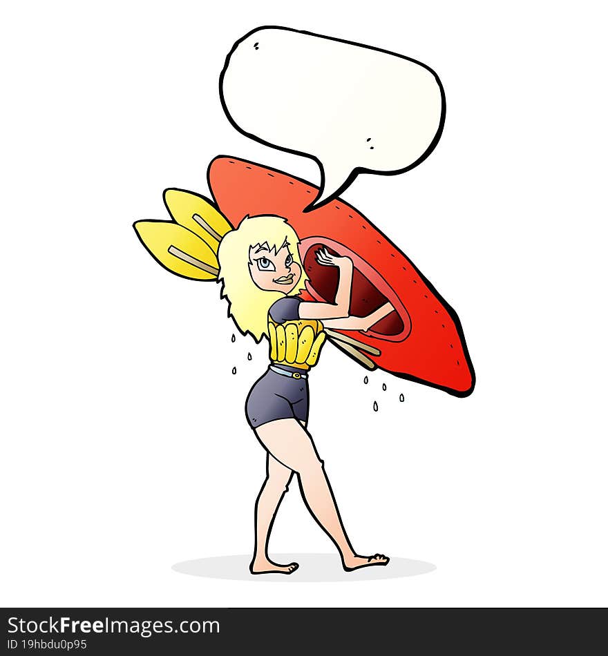 Cartoon Woman Carrying Canoe With Speech Bubble