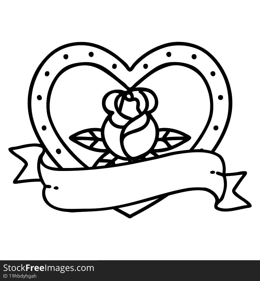 tattoo in black line style of a heart rose and banner. tattoo in black line style of a heart rose and banner