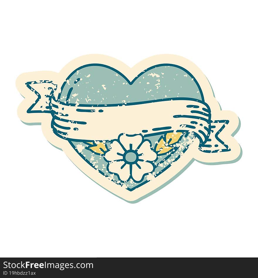 iconic distressed sticker tattoo style image of a heart and banner with flowers. iconic distressed sticker tattoo style image of a heart and banner with flowers