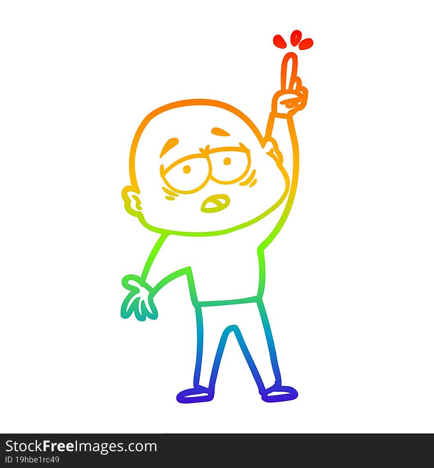 rainbow gradient line drawing cartoon tired bald man with idea