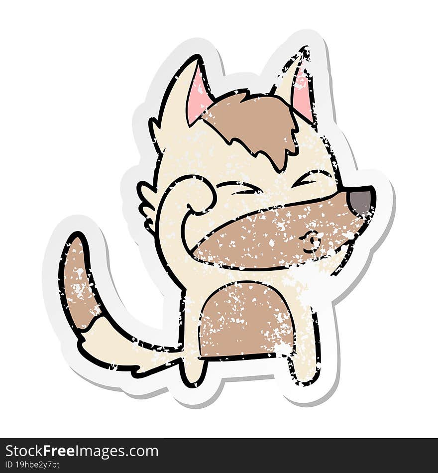 distressed sticker of a cartoon wolf pouting