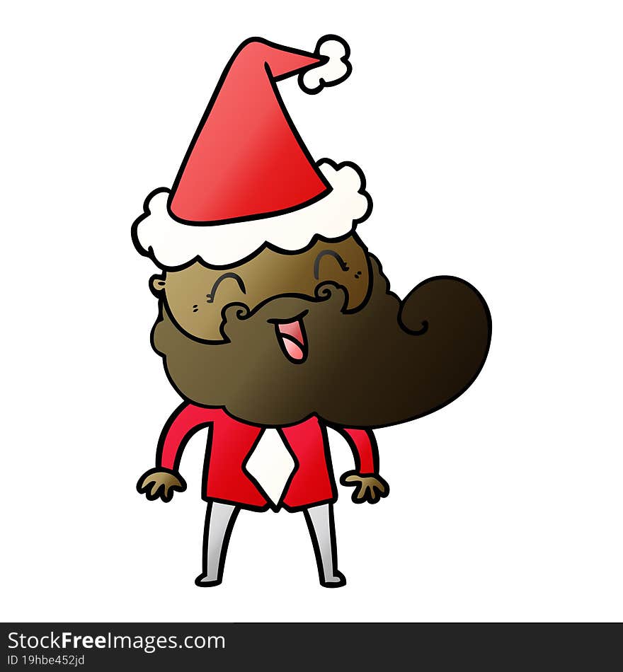 hand drawn gradient cartoon of a happy bearded man wearing santa hat