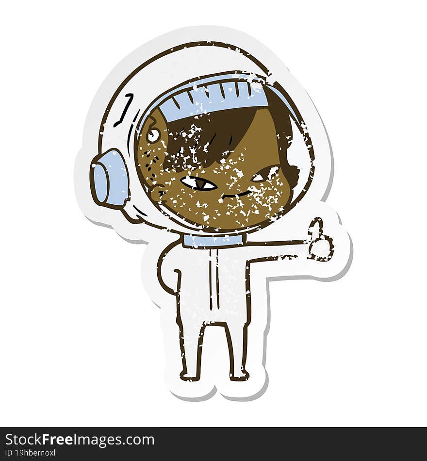 distressed sticker of a cartoon astronaut woman