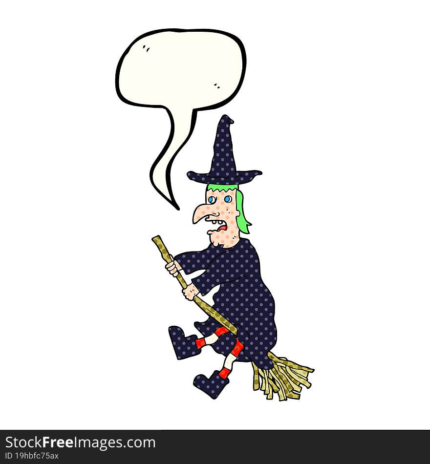 comic book speech bubble cartoon witch flying on broom