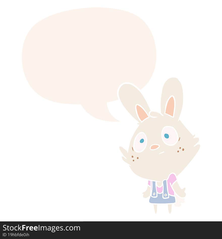 cute cartoon rabbit shrugging shoulders with speech bubble in retro style