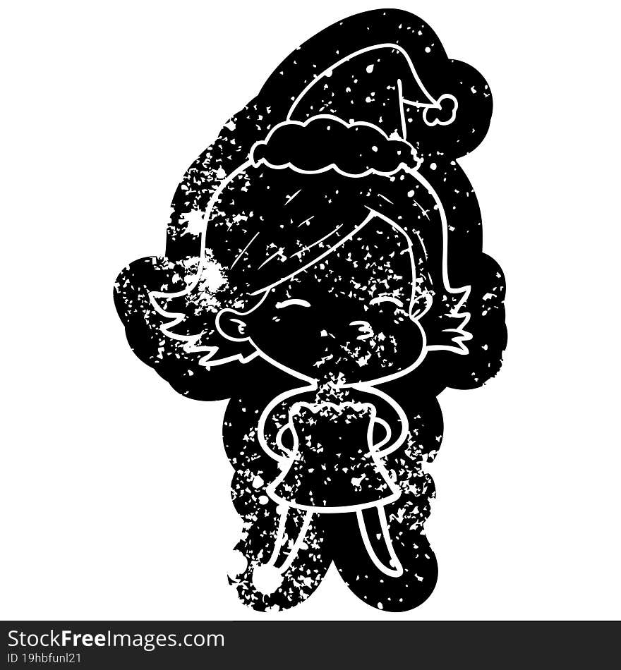 quirky cartoon distressed icon of a woman wearing santa hat