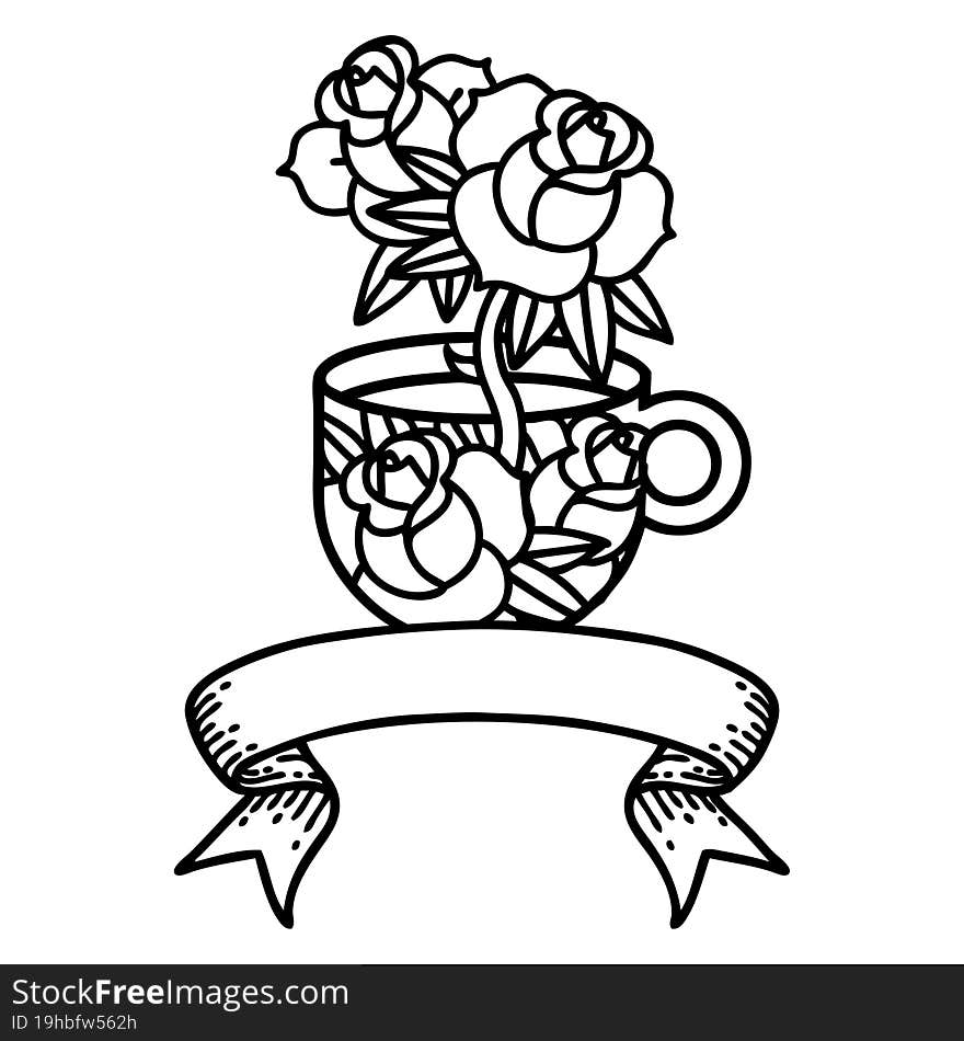 Black Linework Tattoo With Banner Of A Cup And Flowers