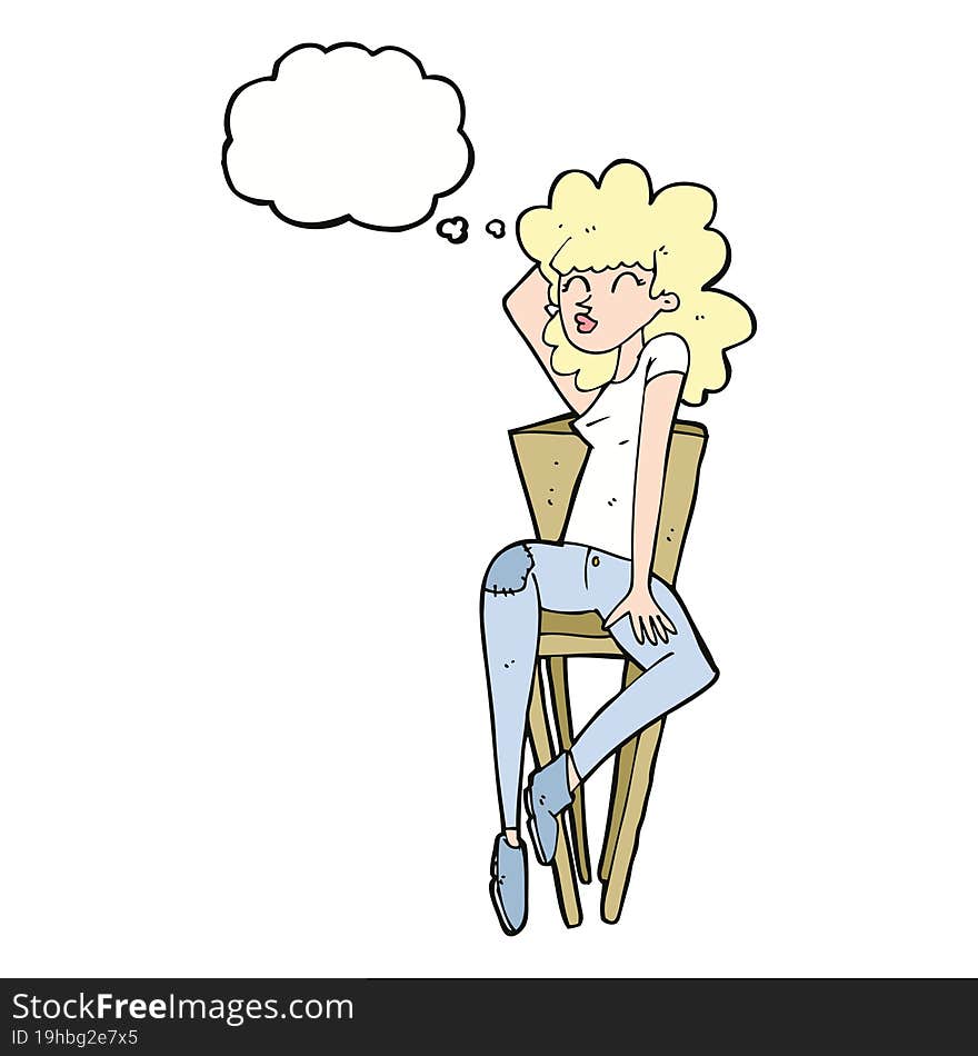 cartoon woman posing on chair with thought bubble