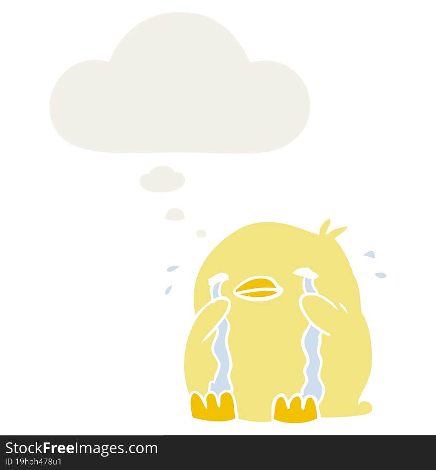 cartoon crying bird and thought bubble in retro style