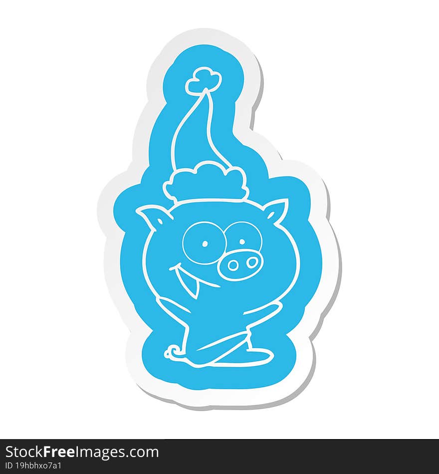 Cheerful Sitting Pig Cartoon  Sticker Of A Wearing Santa Hat