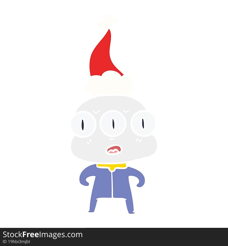 flat color illustration of a three eyed alien wearing santa hat