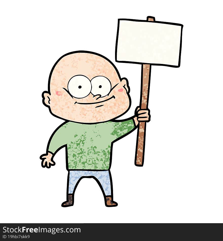 cartoon bald man staring with sign. cartoon bald man staring with sign