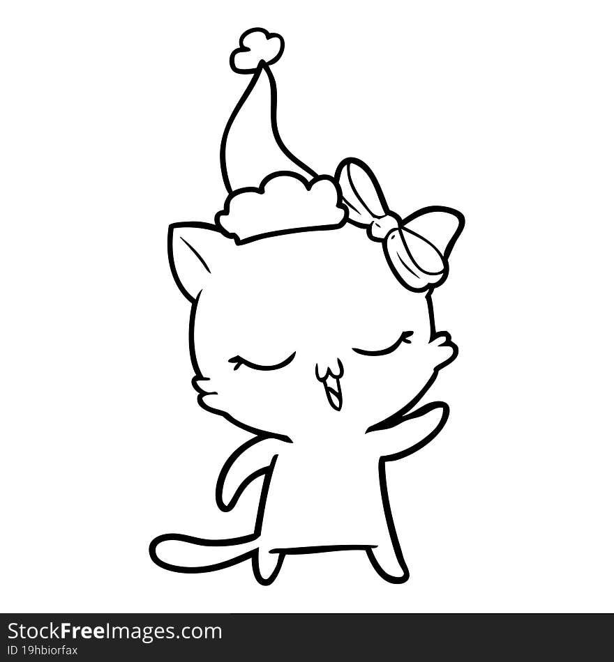 Line Drawing Of A Cat With Bow On Head Wearing Santa Hat