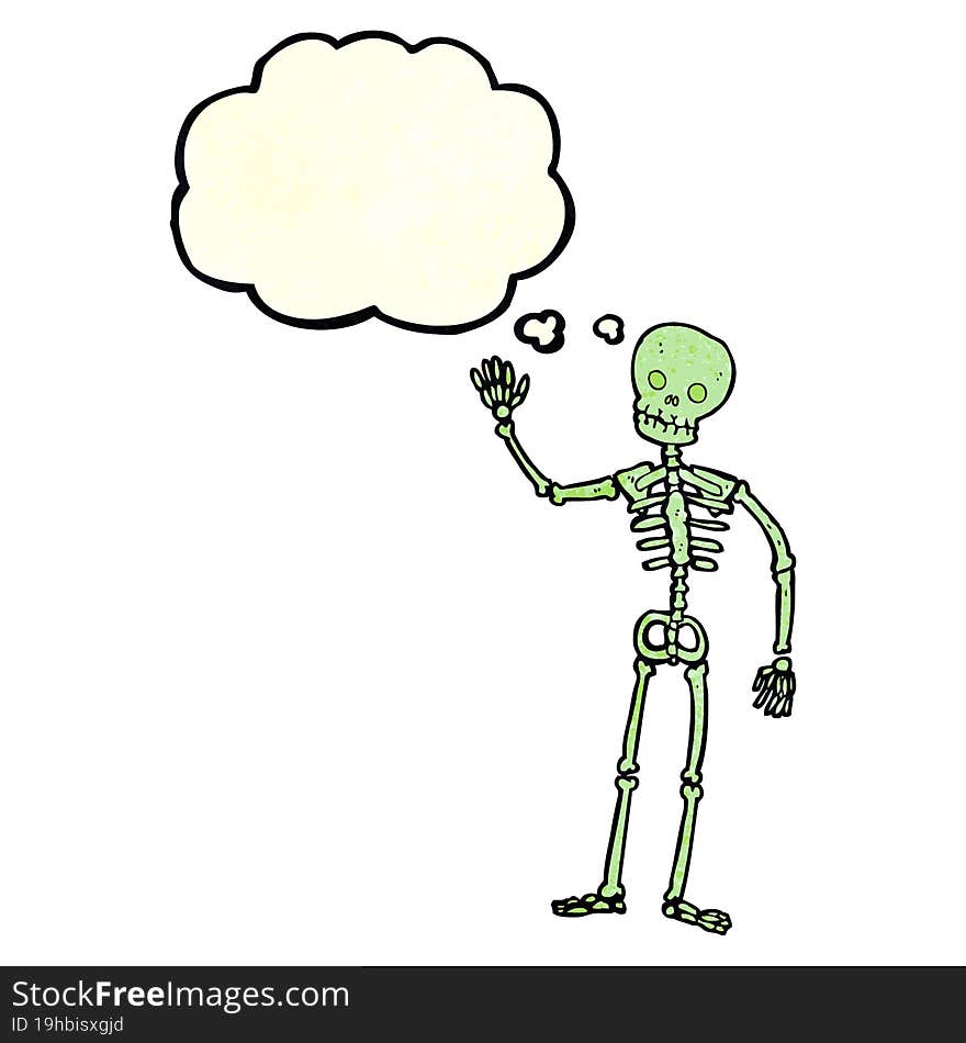 cartoon waving skeleton with thought bubble