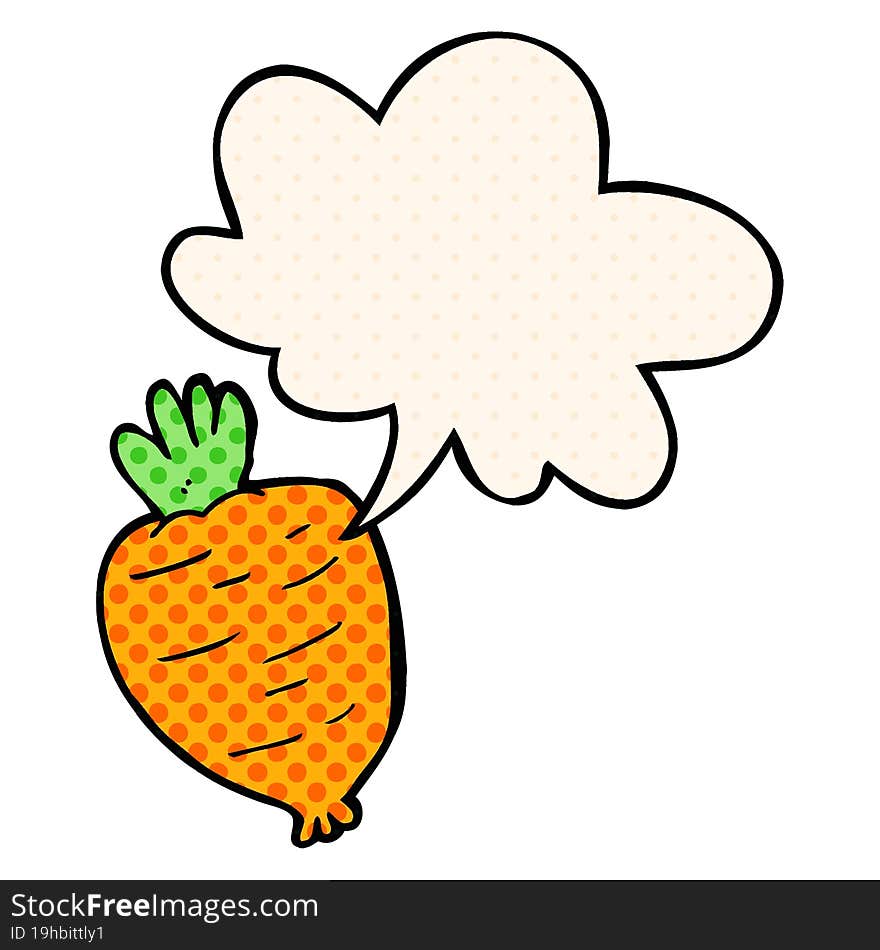 cartoon root vegetable and speech bubble in comic book style