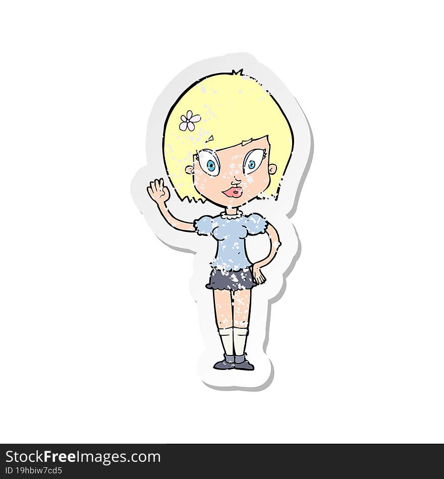 retro distressed sticker of a cartoon pretty girl waving