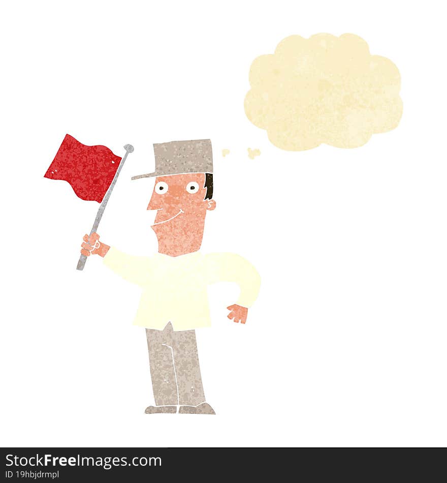 cartoon man waving flag with thought bubble