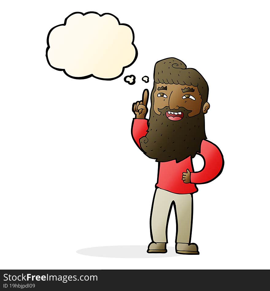 cartoon happy bearded man with idea with thought bubble