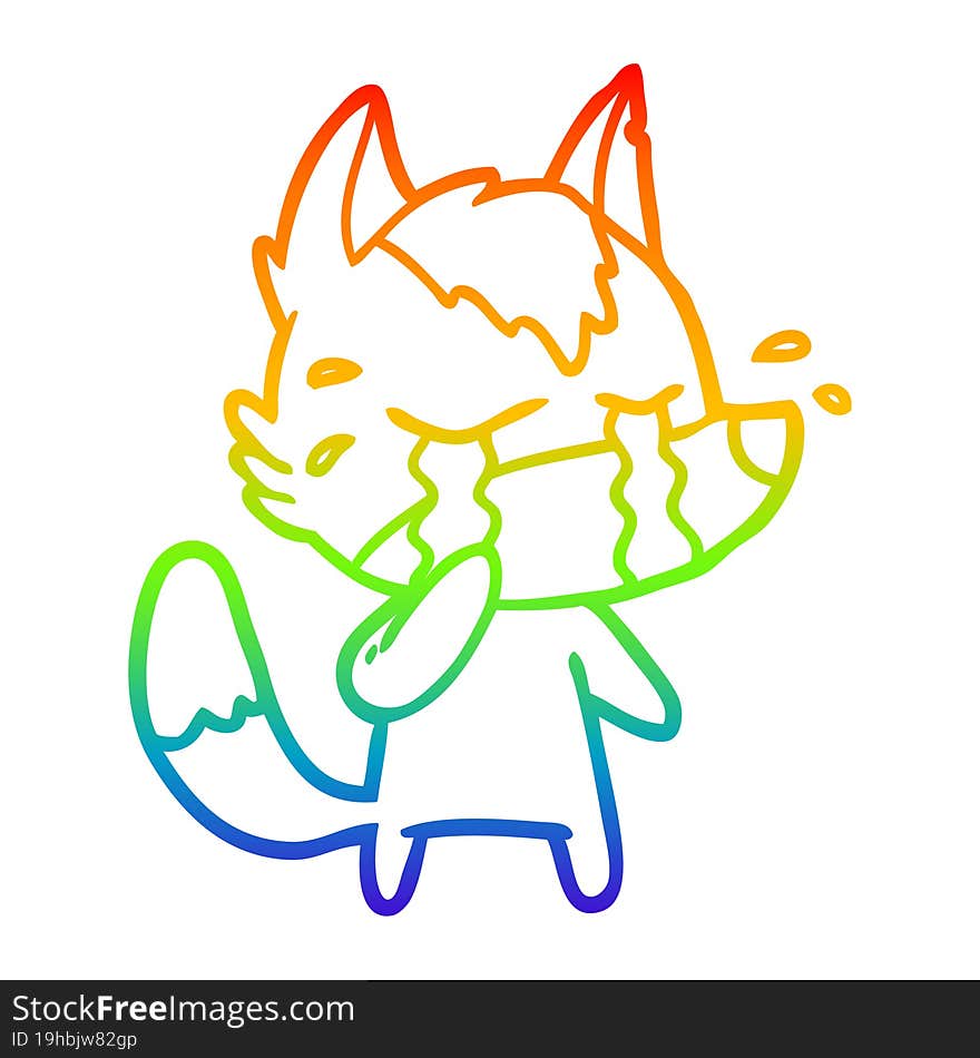 rainbow gradient line drawing of a cartoon crying wolf