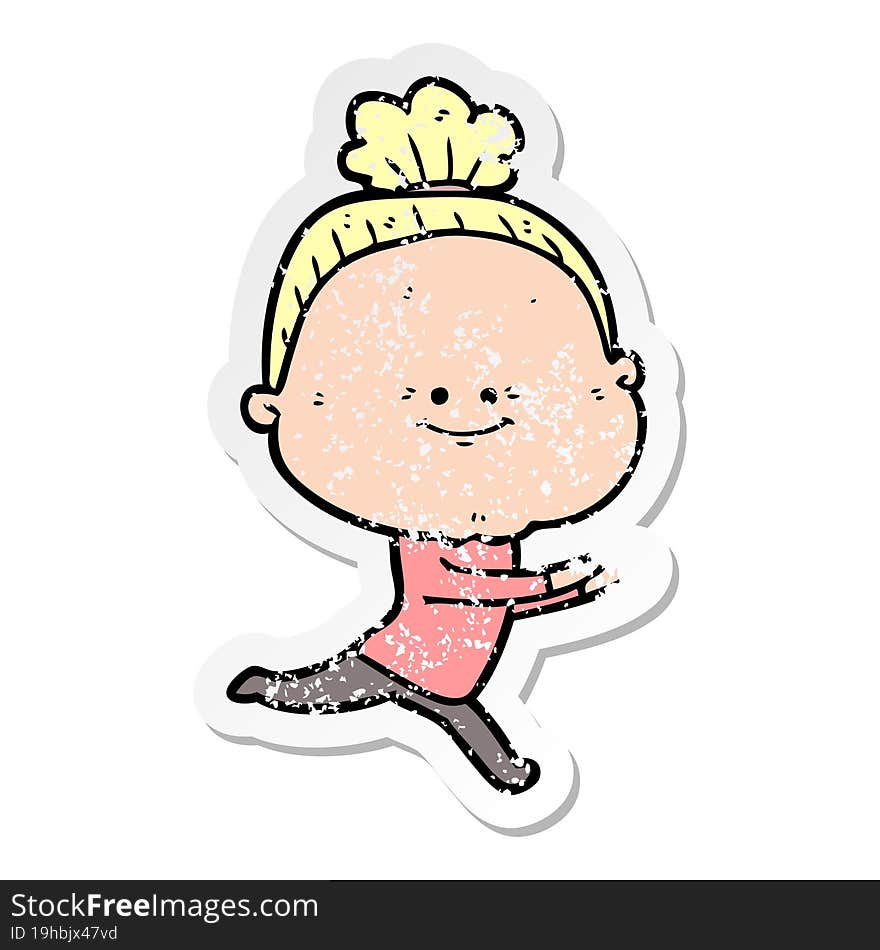 distressed sticker of a cartoon happy old woman