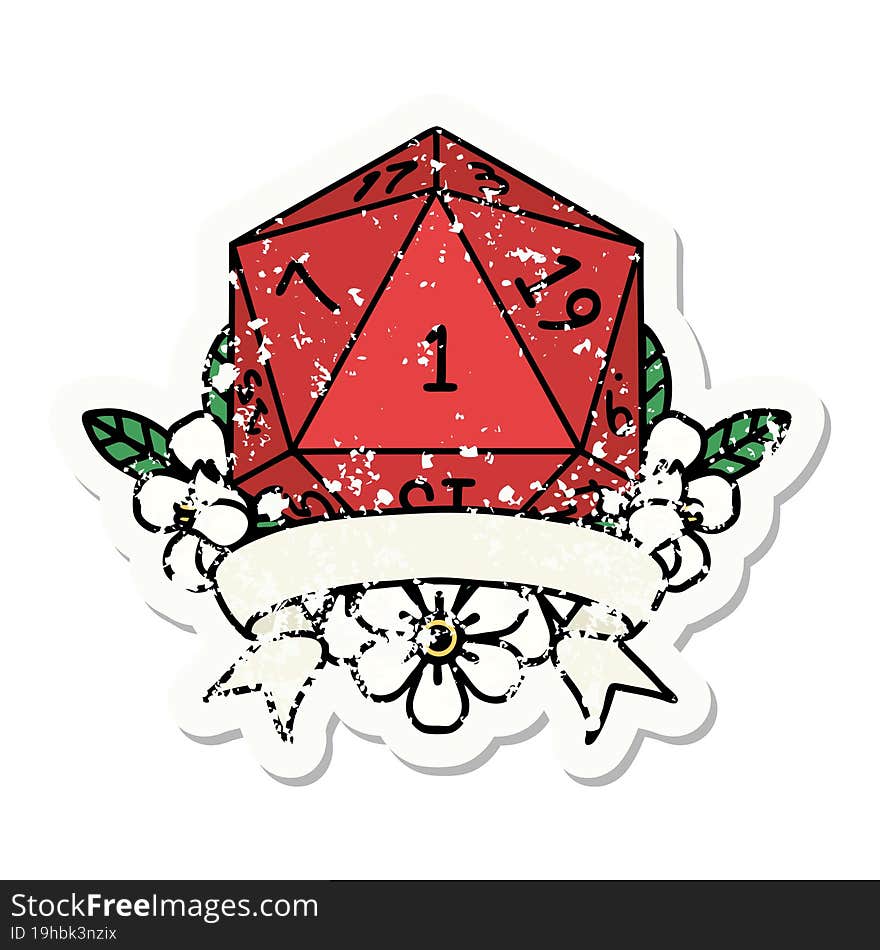 grunge sticker of a natural one d20 dice roll. grunge sticker of a natural one d20 dice roll