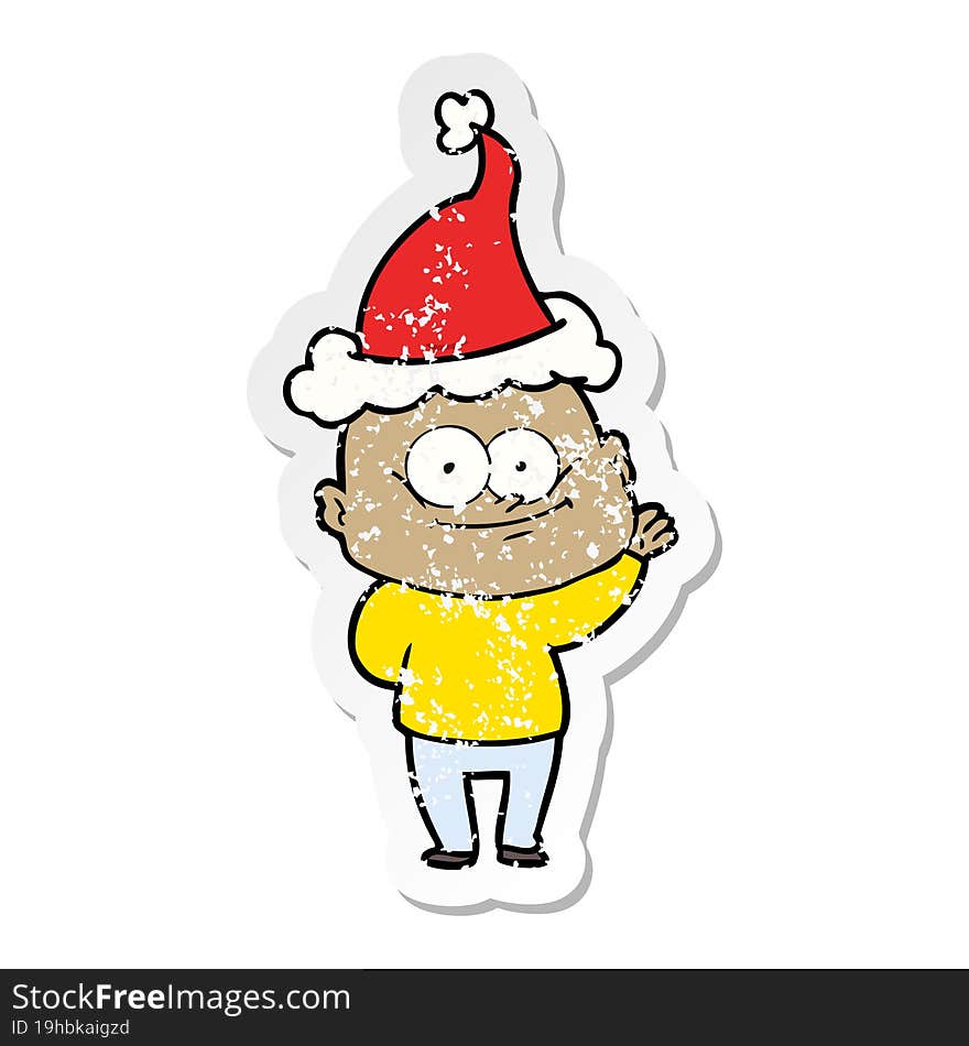 Distressed Sticker Cartoon Of A Bald Man Staring Wearing Santa Hat