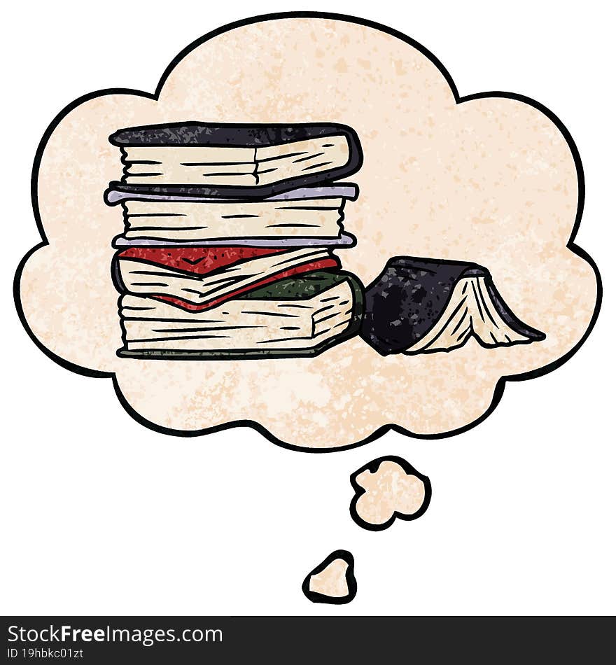 cartoon pile of books and thought bubble in grunge texture pattern style