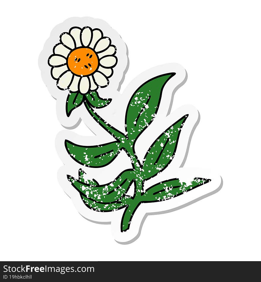 distressed sticker of a quirky hand drawn cartoon daisy flower