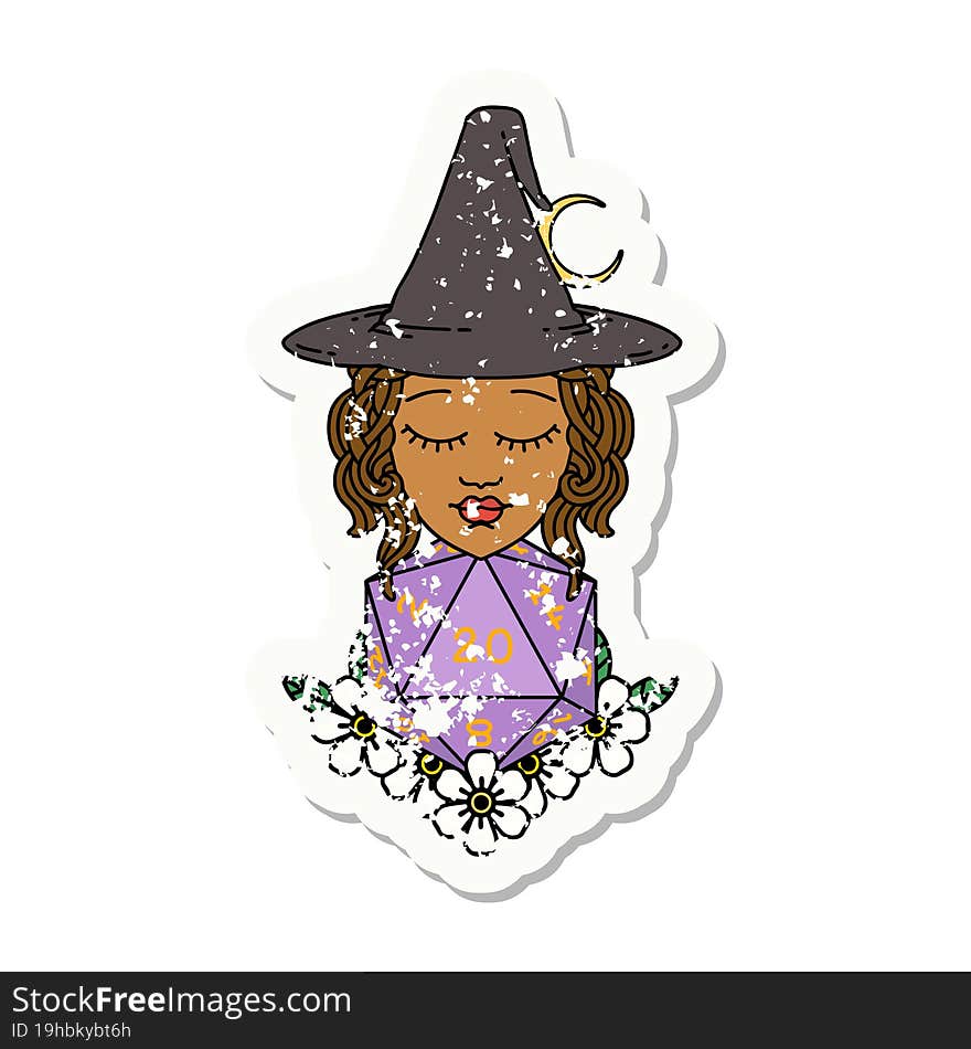 Retro Tattoo Style human witch with natural twenty dice roll. Retro Tattoo Style human witch with natural twenty dice roll