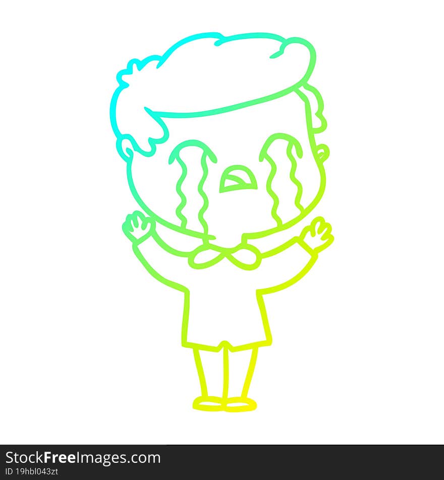 cold gradient line drawing of a cartoon man crying