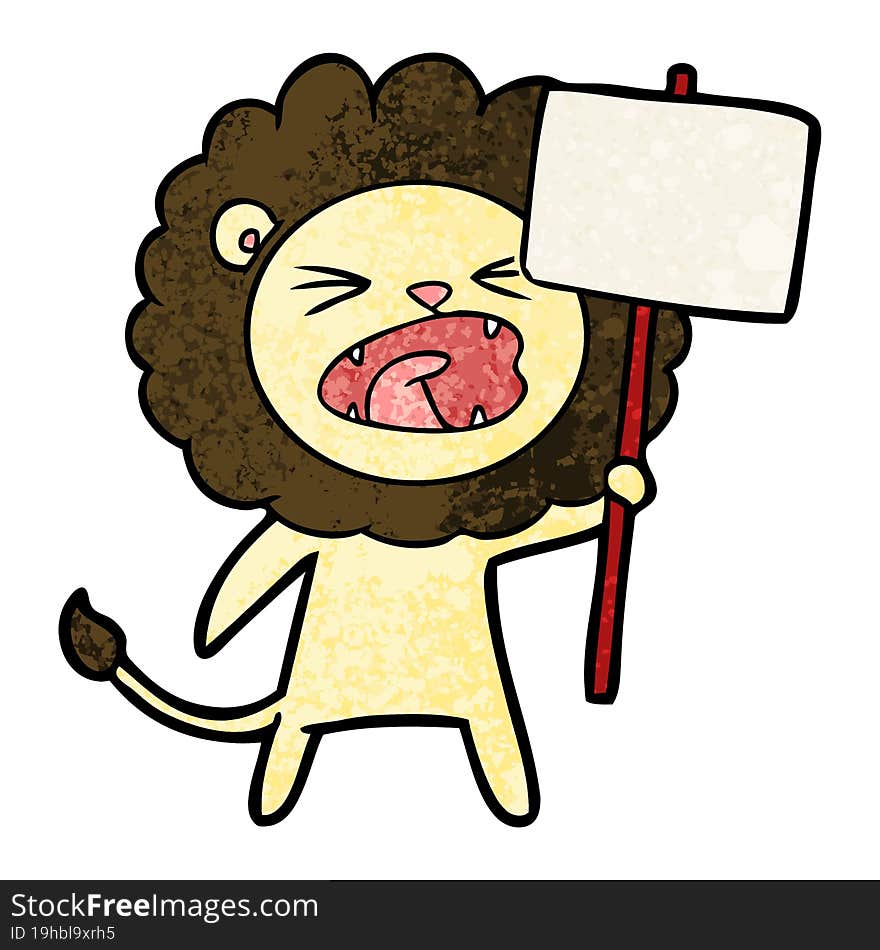 cartoon lion with protest sign. cartoon lion with protest sign