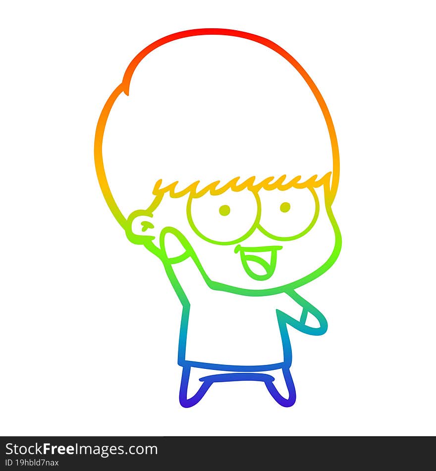 rainbow gradient line drawing of a happy cartoon boy waving