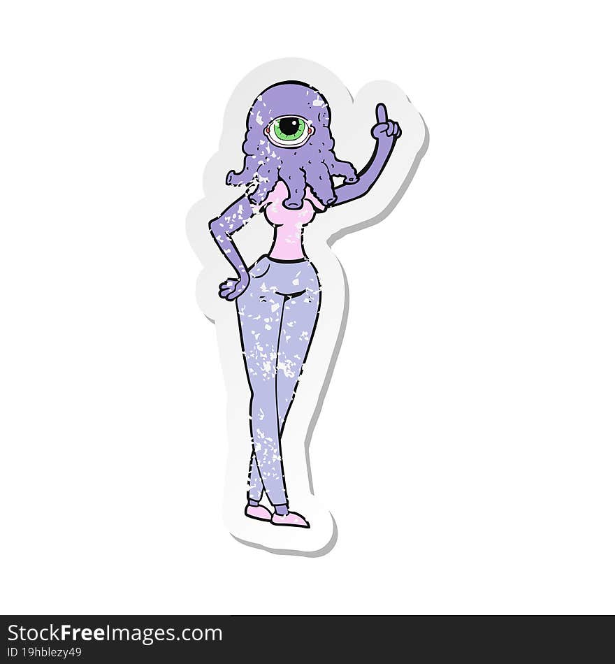 retro distressed sticker of a cartoon female alien with raised hand