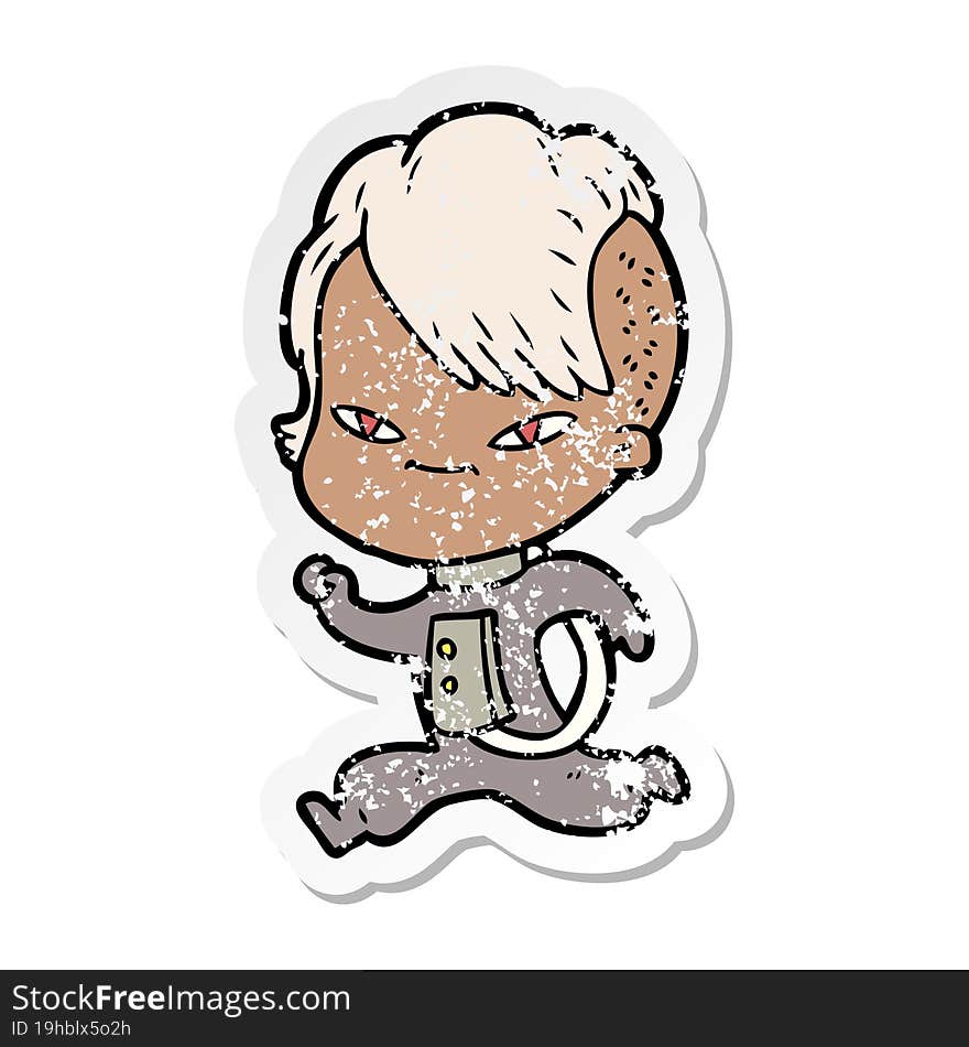 Distressed Sticker Of A Cute Cartoon Girl With Hipster Haircut