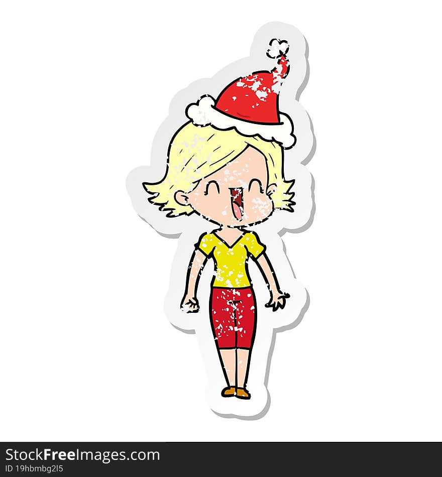 distressed sticker cartoon of a happy woman wearing santa hat