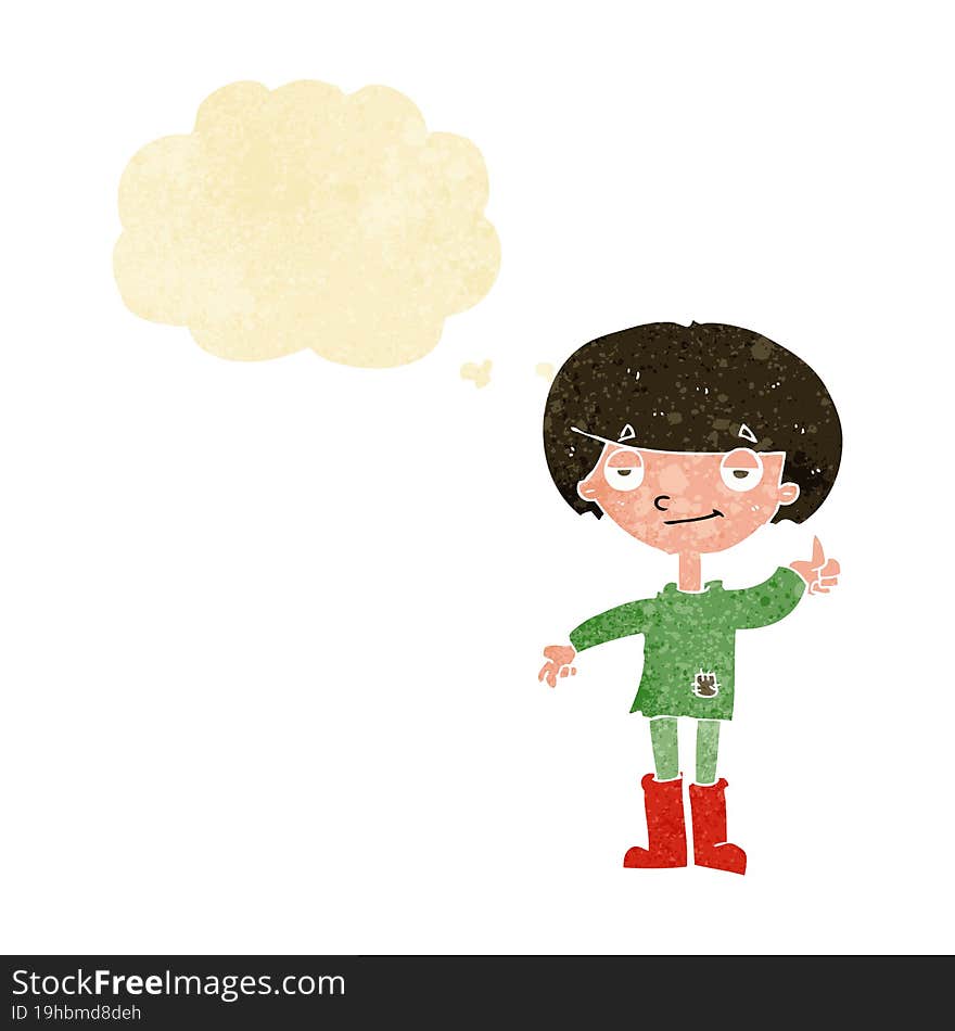 cartoon boy in poor clothing giving thumbs up symbol with thought bubble