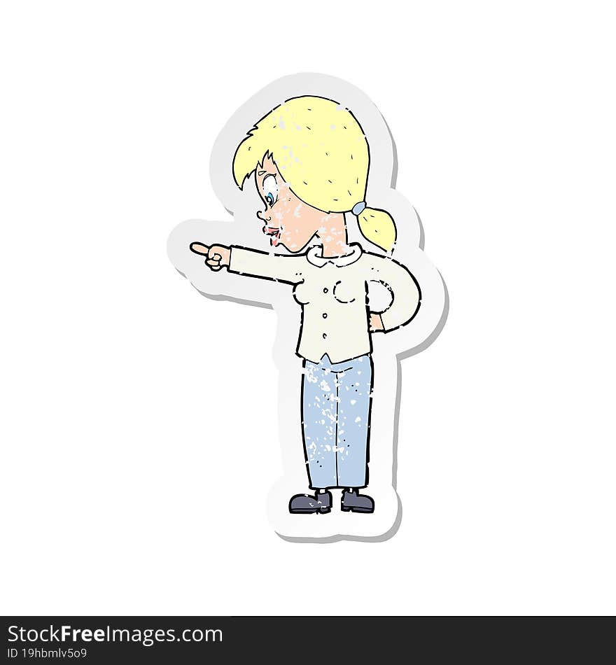 Retro Distressed Sticker Of A Cartoon Enthusiastic Woman Pointing