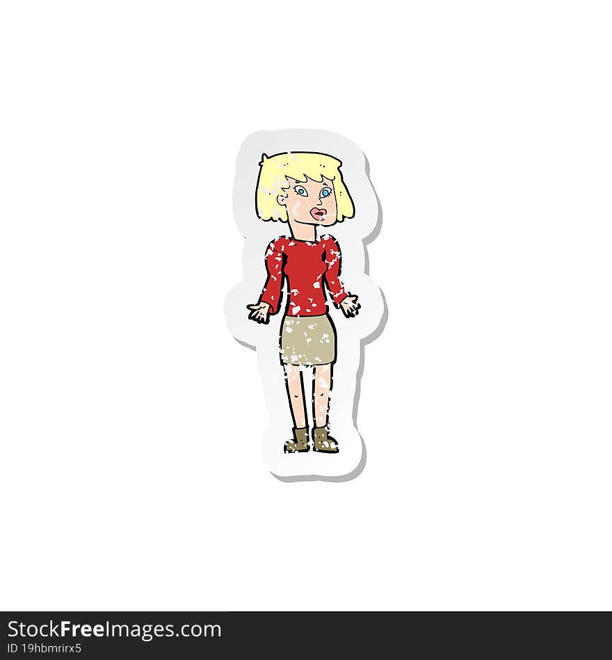 retro distressed sticker of a cartoon woman shrugging shoulders