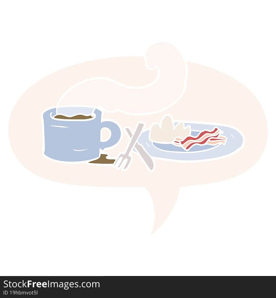 cartoon breakfast of coffee and bacon with speech bubble in retro style