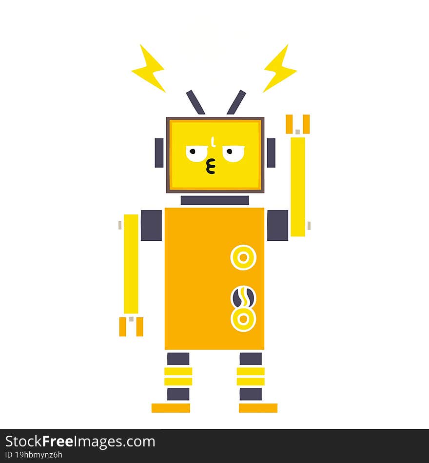 flat color retro cartoon of a malfunctioning robot