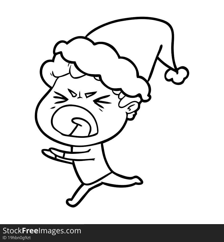 line drawing of a furious man wearing santa hat