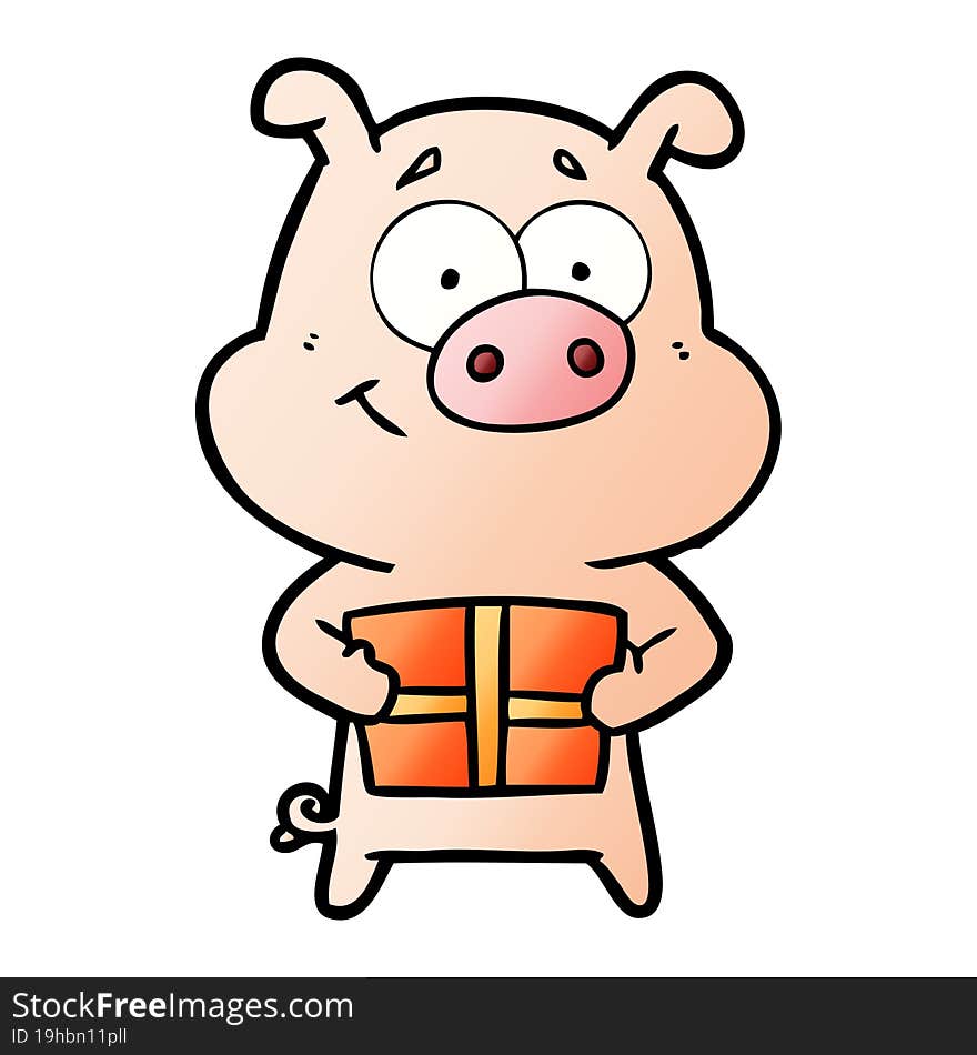 happy cartoon pig holding christmas present. happy cartoon pig holding christmas present