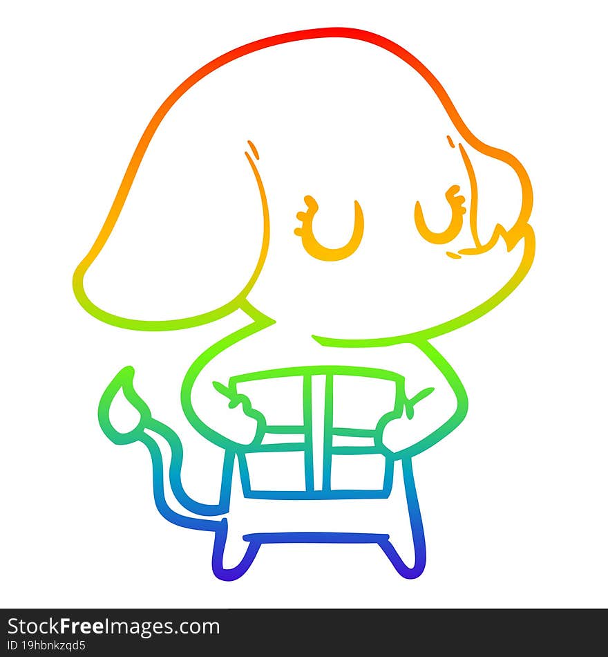 rainbow gradient line drawing cute cartoon elephant with gift