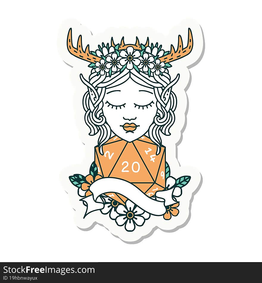 sticker of a elf druid with natural twenty dice roll. sticker of a elf druid with natural twenty dice roll